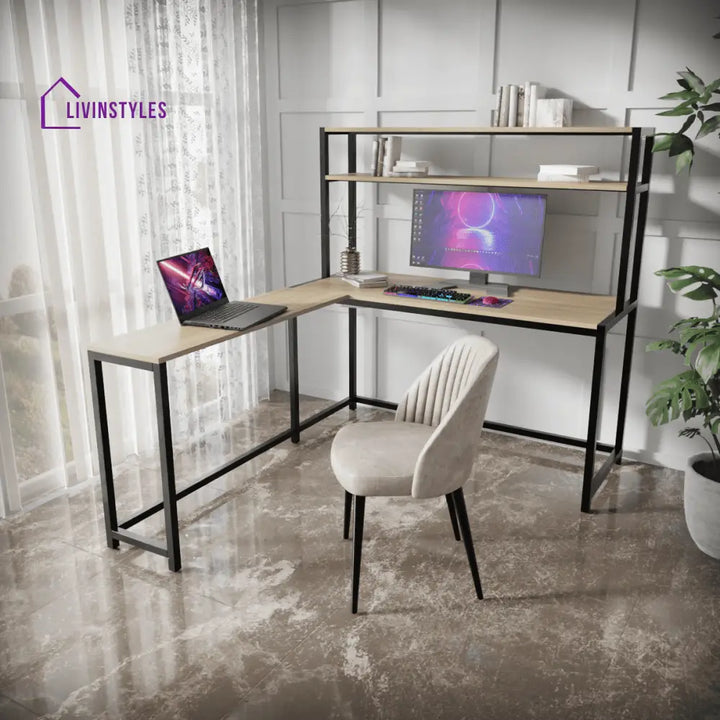 Hutch Corner Desk With Open Storage Design - Beige - Workstations & Cubicles