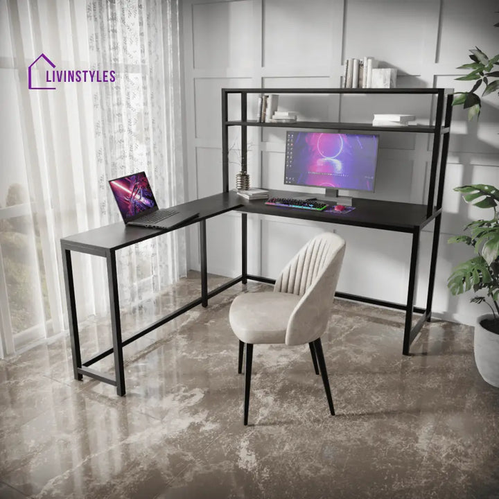 Hutch Corner Desk With Open Storage Design - Brown - Workstations & Cubicles