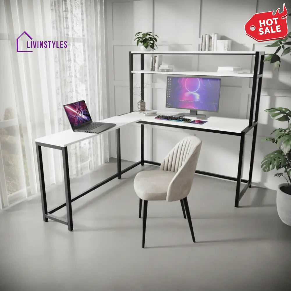 Hutch Corner Desk With Open Storage Design - White - Workstations & Cubicles