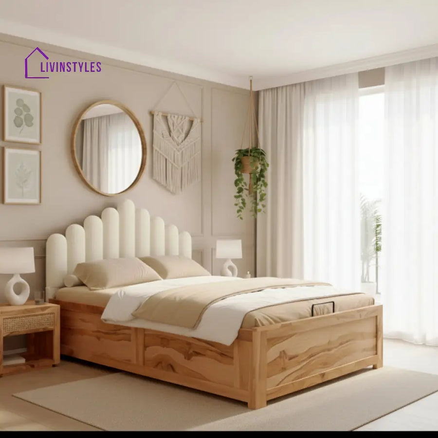 Huy Real Teak wood Hydraulic Bed King Size - Light Beige