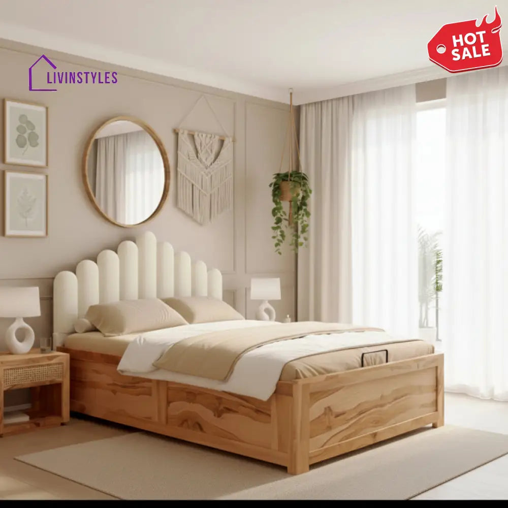 Huy Real Teak wood Hydraulic Bed King Size - Light Beige