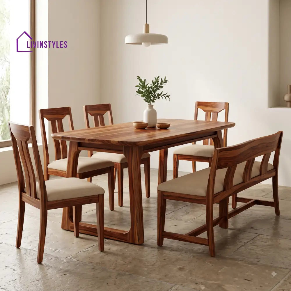 Ibidun Wooden 6 Seater Dining Table Set | 4 Chairs and 1 Bench | Table 72 X 36 X 30 Inch