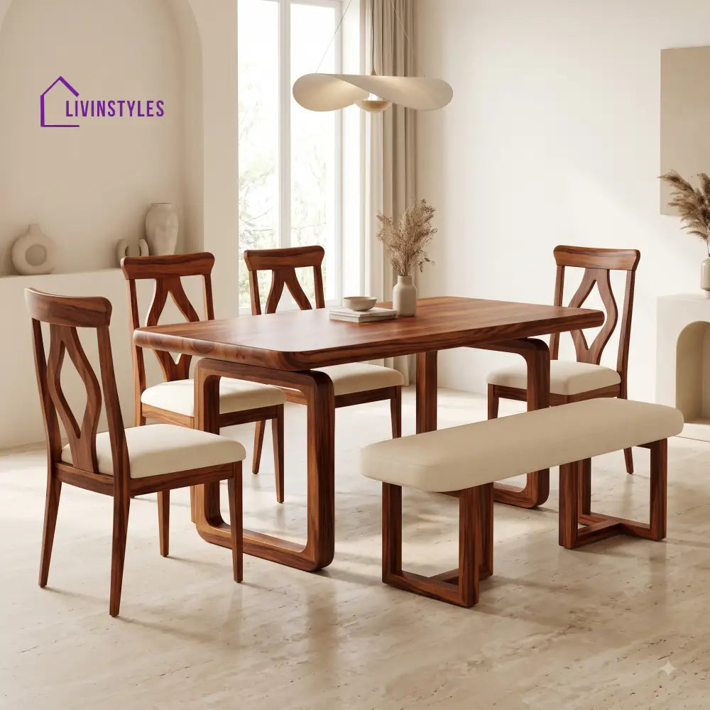Ifeoluwa Wooden 6 Seater Dining Table Set | 4 Chairs and 1 Bench | Table 72 X 36 X 30 Inch