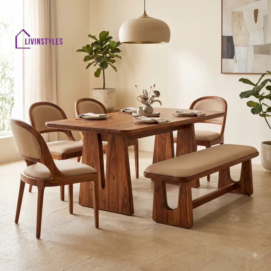 Ifeoma Wooden 6 Seater Dining Table Set | 4 Chairs and 1 Bench | Table 72 X 36 X 30 Inch