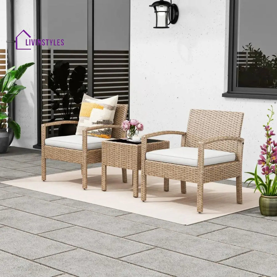 Ignacio Outdoor Patio Seating Set 2 Chairs and 1 Table Set - Light Brown - Coffee Table Sets