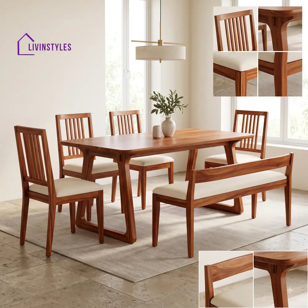 Ijeoma Wooden 6 Seater Dining Table Set | 4 Chairs and 1 Bench | Table 72 X 36 X 30 Inch