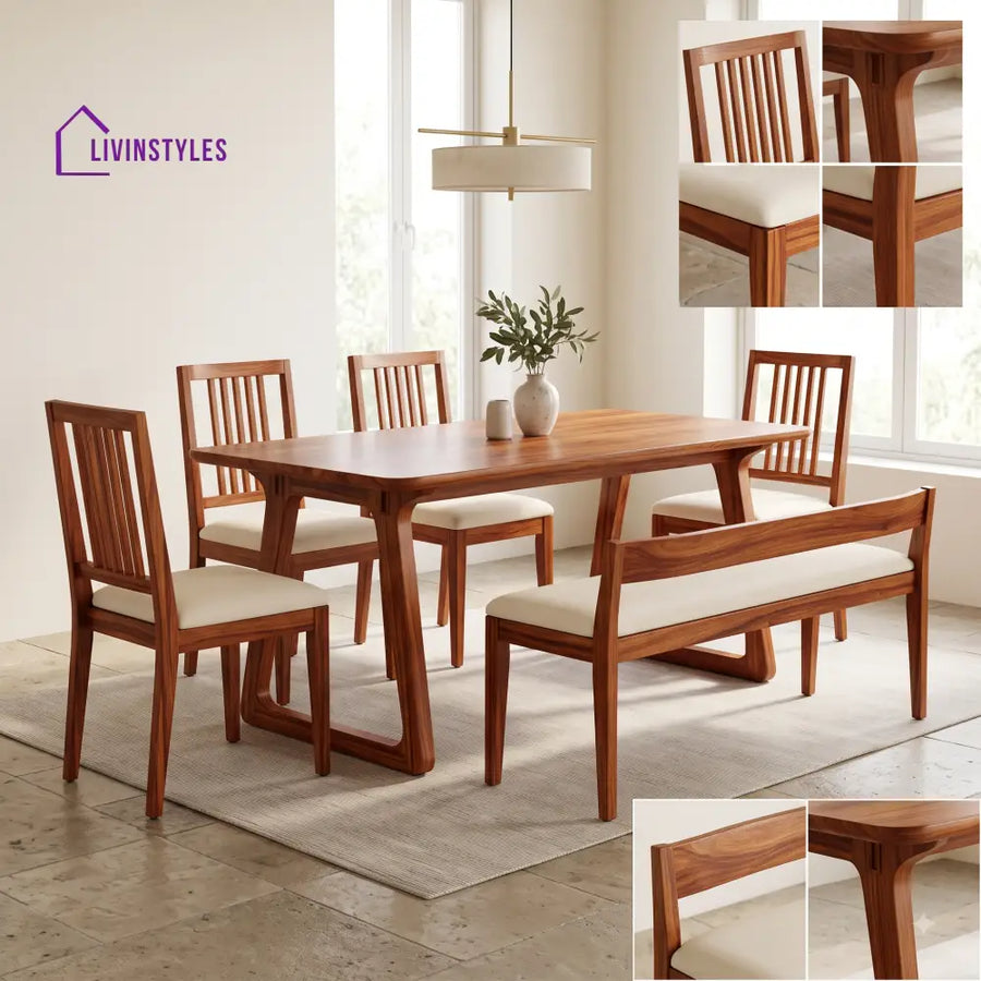 Ijeoma Wooden 6 Seater Dining Table Set | 4 Chairs and 1 Bench | Table 72 X 36 X 30 Inch