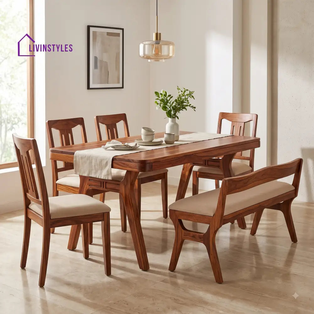 Ikenna Wooden 6 Seater Dining Table Set | 4 Chairs and 1 Bench | Table 72 X 36 X 30 Inch