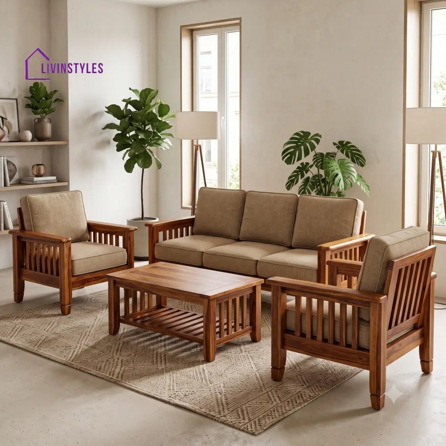 Ilakkiya Wooden Sofa Set | 3 + 1 + 1 Sheesham Wood Sofa Set for Living Room