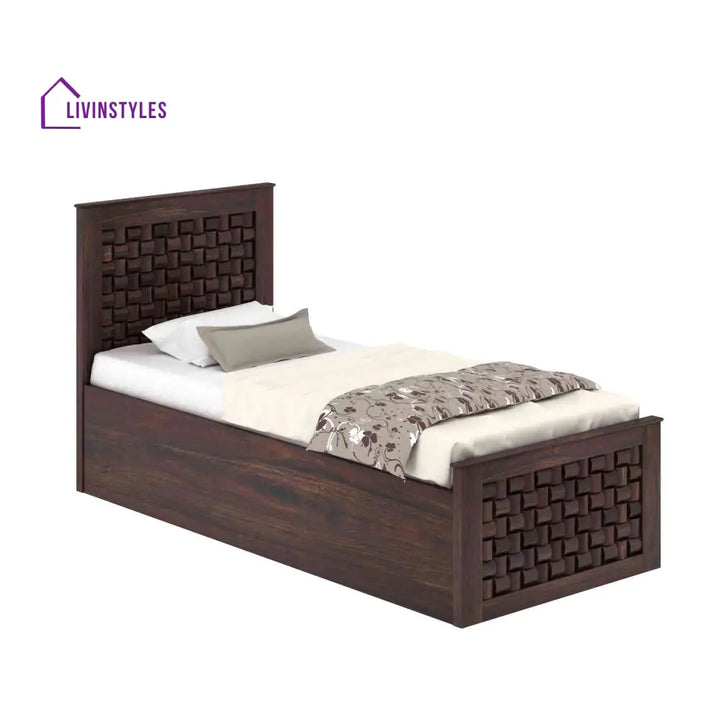 Iliana Solid Sheesham Wood Single Bed With Box Storage (Walnut Finish) Bed