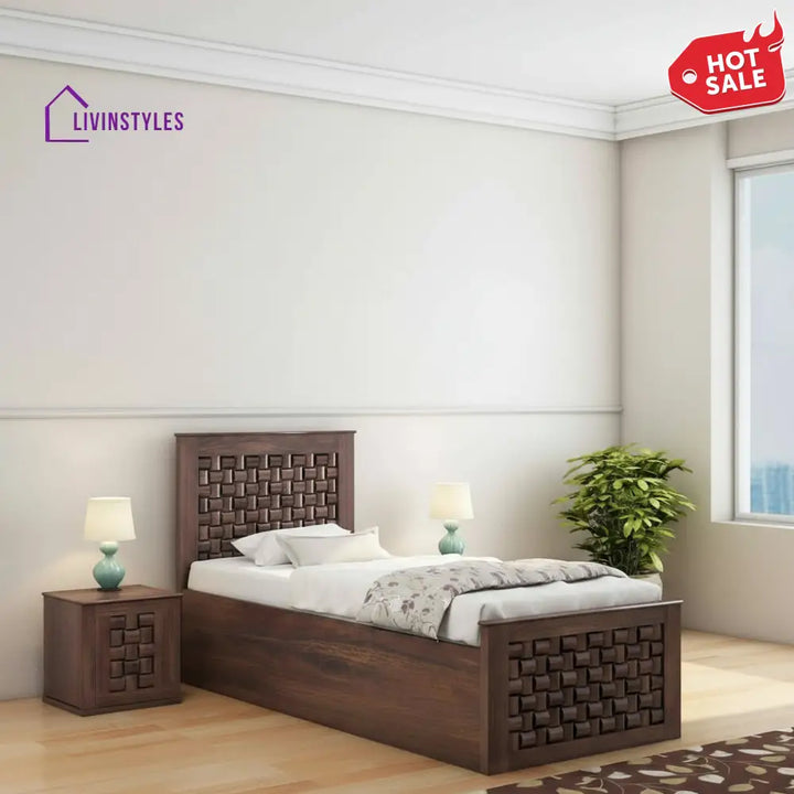 Iliana Solid Sheesham Wood Single Bed With Box Storage (Walnut Finish) Bed
