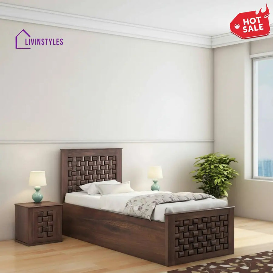 Iliana Solid Sheesham Wood Single Bed With Box Storage (Walnut Finish) Bed