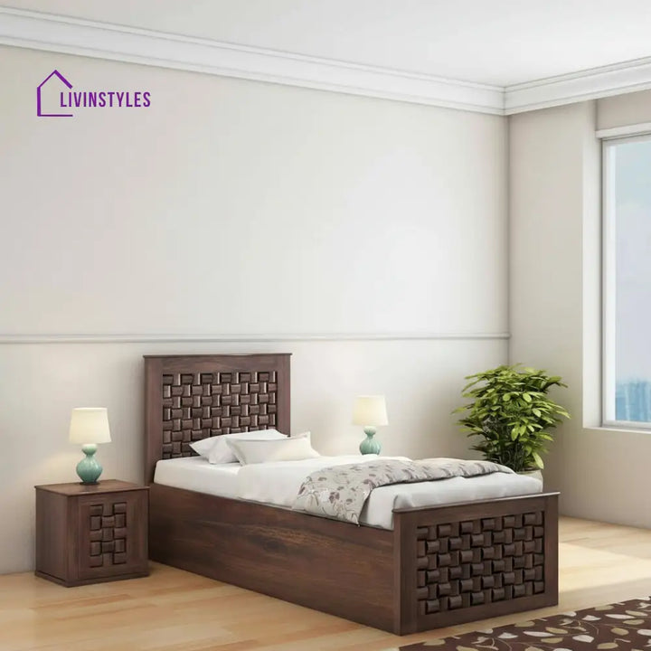Iliana Solid Sheesham Wood Single Bed With Box Storage (Walnut Finish) Bed