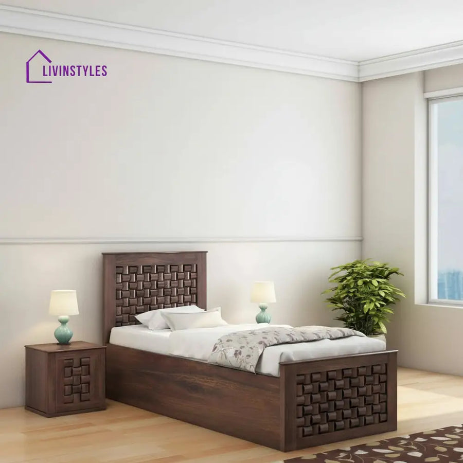 Iliana Solid Sheesham Wood Single Bed With Box Storage (Walnut Finish) Bed