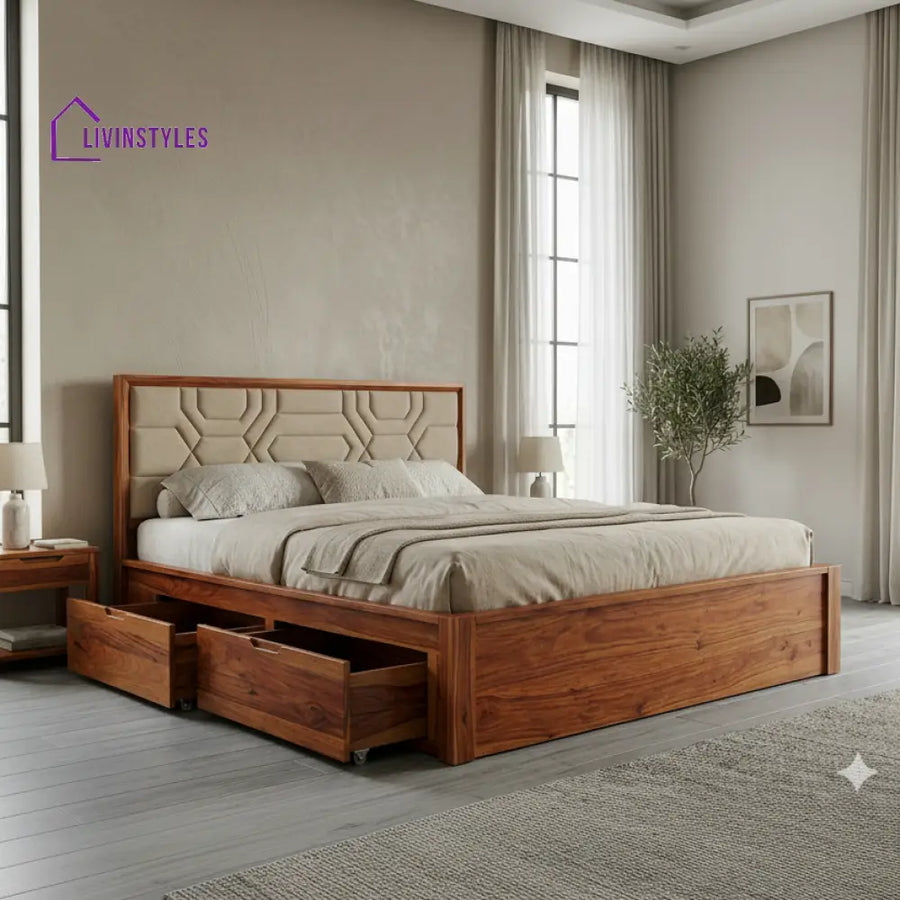 Imogen Premium Sheesham Wood Bed with Fabric Headboard