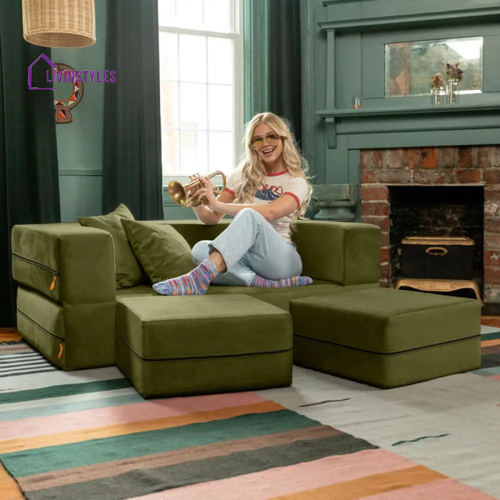 Indira Fabric Sofa Come Bed | Designer Sofa Come Bed | Extra Seating Ottoman