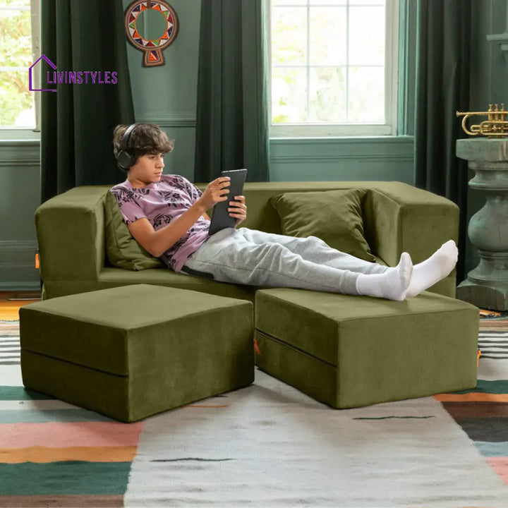 Indira Fabric Sofa Come Bed | Designer Sofa Come Bed | Extra Seating Ottoman