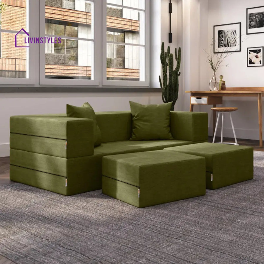 Indira Fabric Sofa Come Bed | Designer Sofa Come Bed | Extra Seating Ottoman
