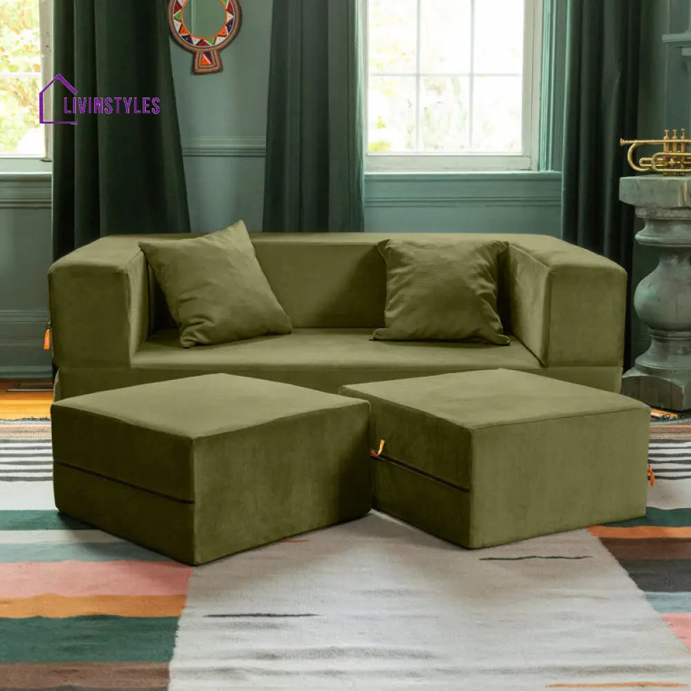Indira Fabric Sofa Come Bed | Designer Sofa Come Bed | Extra Seating Ottoman