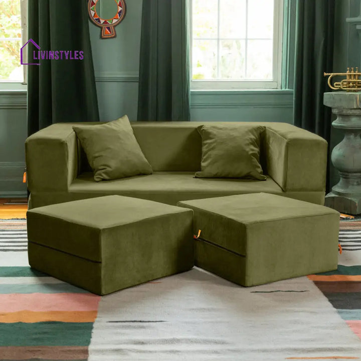 Indira Fabric Sofa Come Bed | Designer Sofa Come Bed | Extra Seating Ottoman