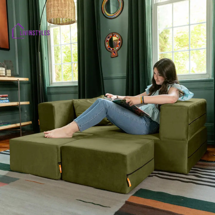 Indira Fabric Sofa Come Bed | Designer Sofa Come Bed | Extra Seating Ottoman