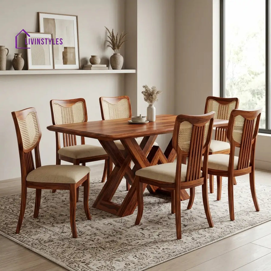 Indira Premium Wooden 6 Seater Dining Table Set