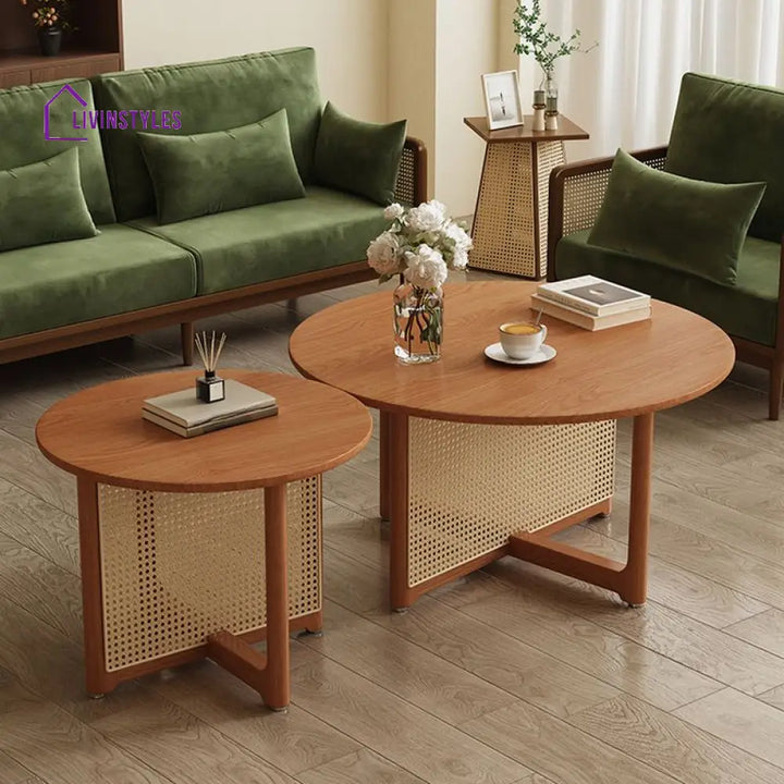 Indira Solid Wood Coffee Table with Cane Weaving for Living Room