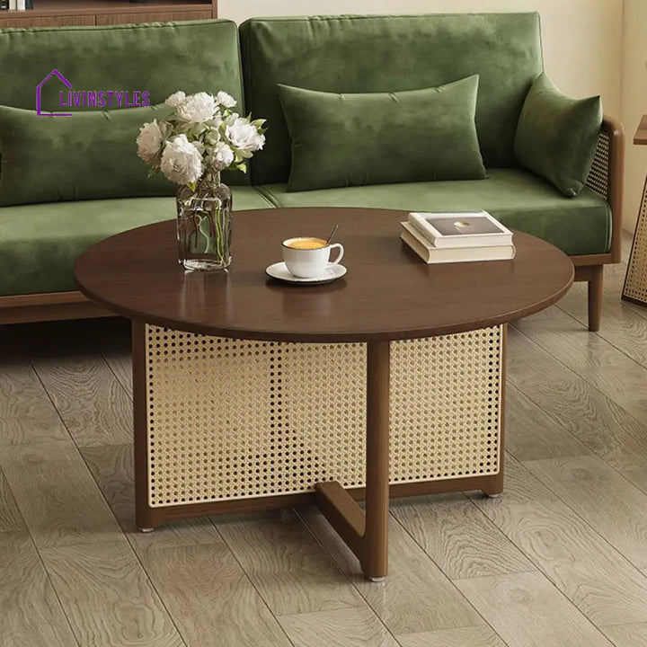 Indira Solid Wood Coffee Table with Cane Weaving for Living Room