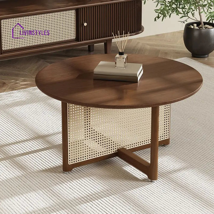 Indira Solid Wood Coffee Table with Cane Weaving for Living Room