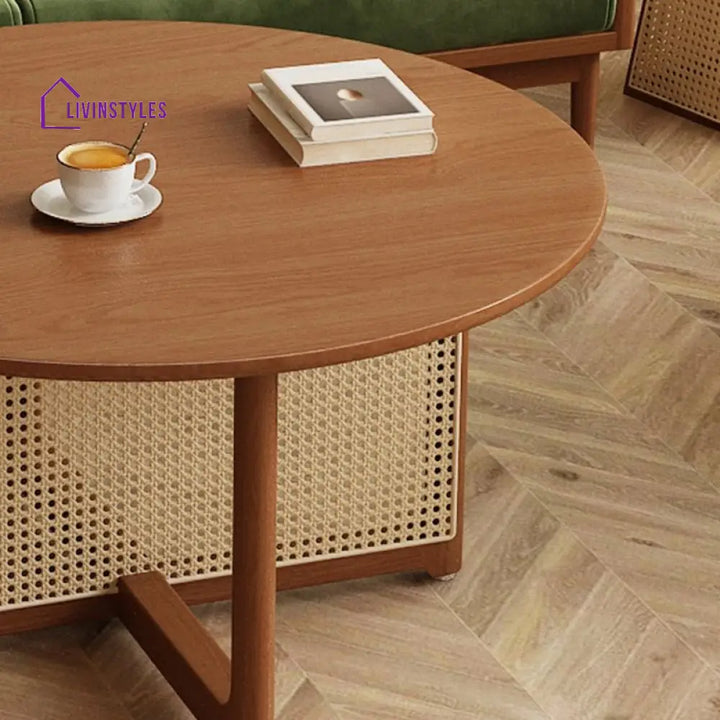 Indira Solid Wood Coffee Table with Cane Weaving for Living Room
