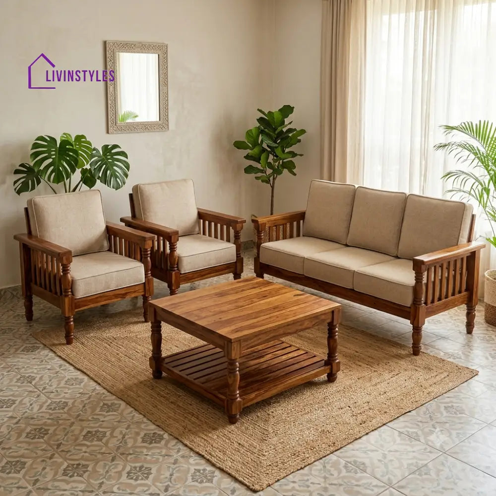 Indira Wooden Sofa Set | 3 + 1 + 1 Sheesham Wood Sofa Set for Living Room