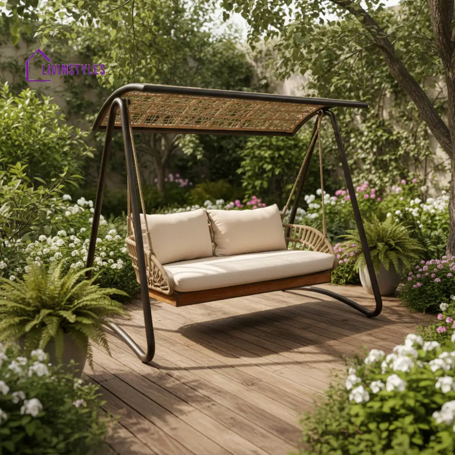Iñes Double Seater Hanging Swing With Stand For Balcony Garden Swing (Honey) Braided & Rope - Swings