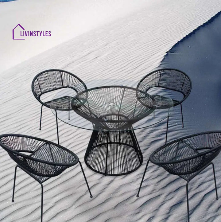 Ines Outdoor Patio Dining Set 4 Chairs and 1 Table (Black) - Wicker