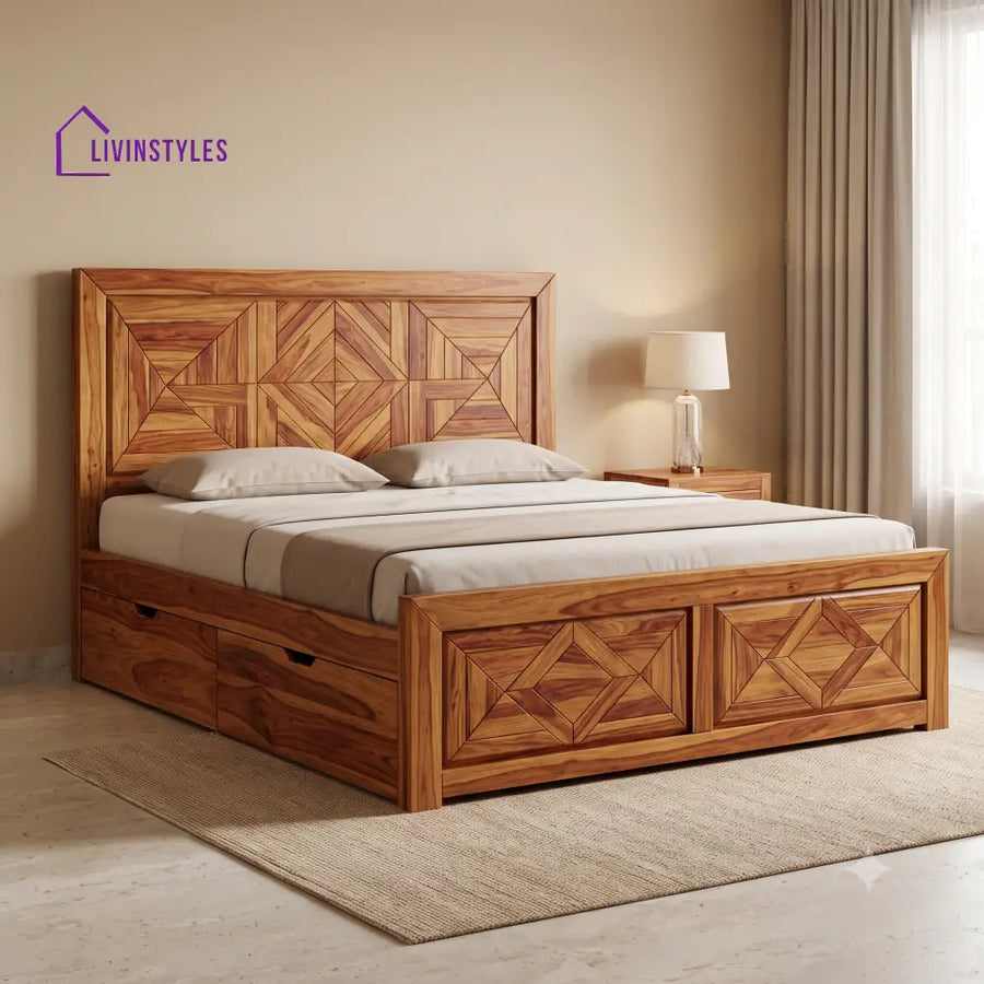 Ines Premium Wooden Bed with Drawer Storage | King Size Bed & Queen Size Bed Online