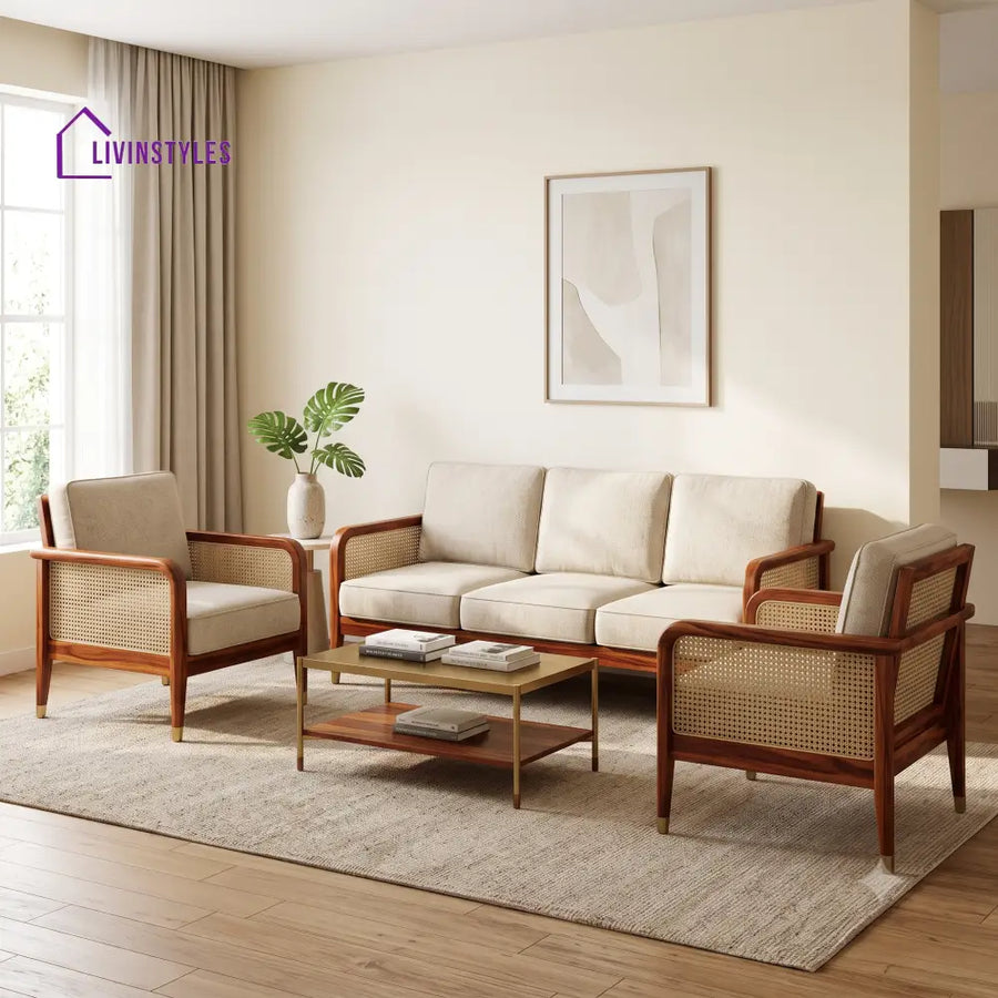 Ines Premium Wooden Sofa Set for Living Room | 3 + 1 + 1 Seater Sheesham Wood Sofa Set