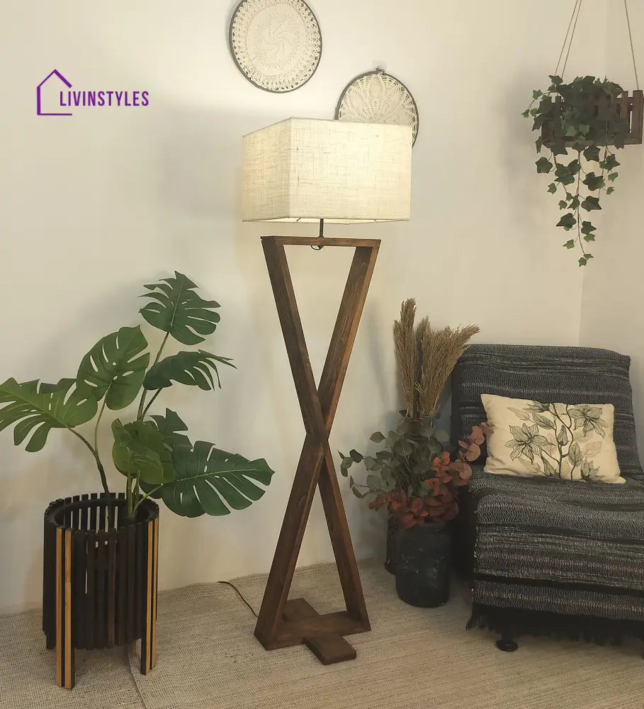 Infinity Wooden Floor Lamp With Brown Base And Beige Fabric Lampshade Lamps