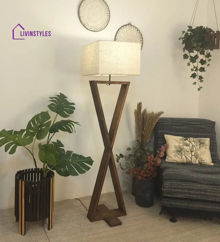 Infinity Wooden Floor Lamp With Brown Base And Beige Fabric Lampshade Lamps