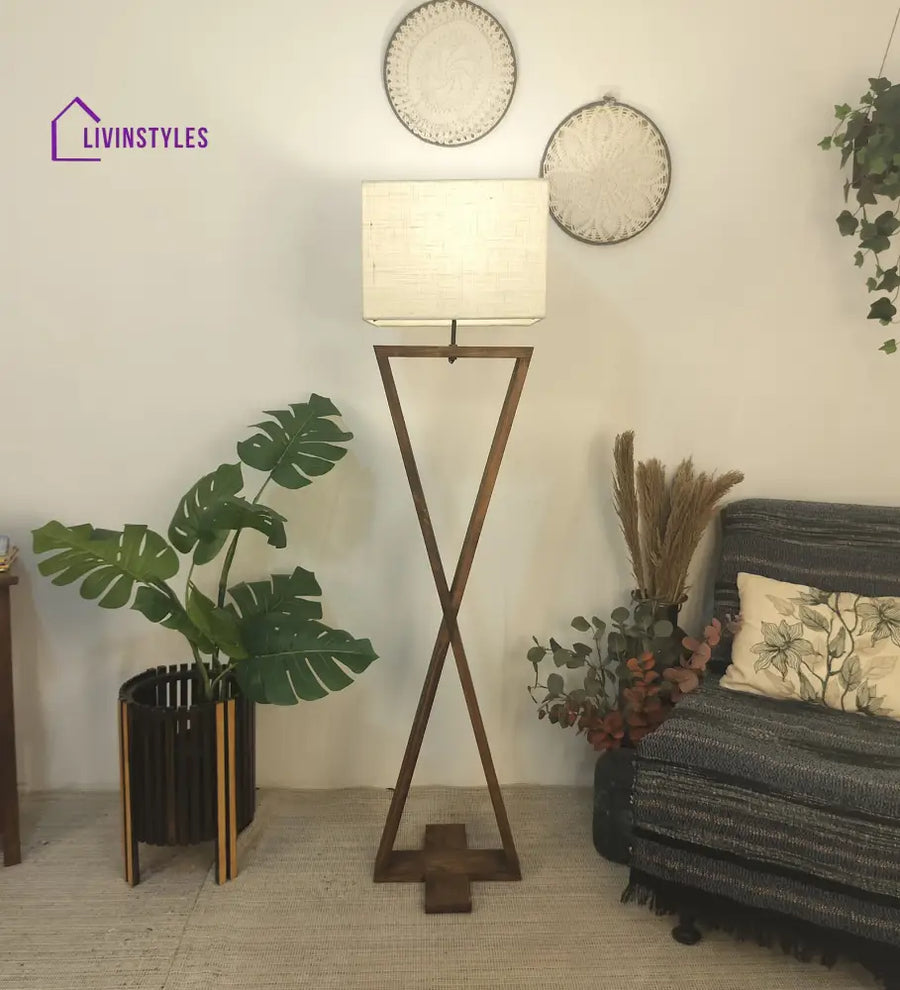 Infinity Wooden Floor Lamp With Brown Base And Beige Fabric Lampshade Lamps