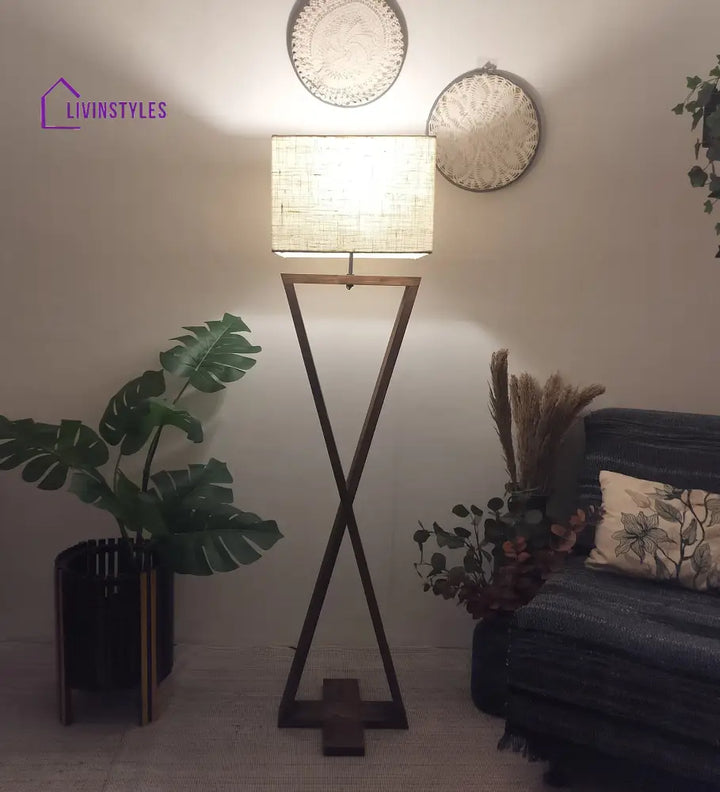 Infinity Wooden Floor Lamp With Brown Base And Beige Fabric Lampshade Lamps