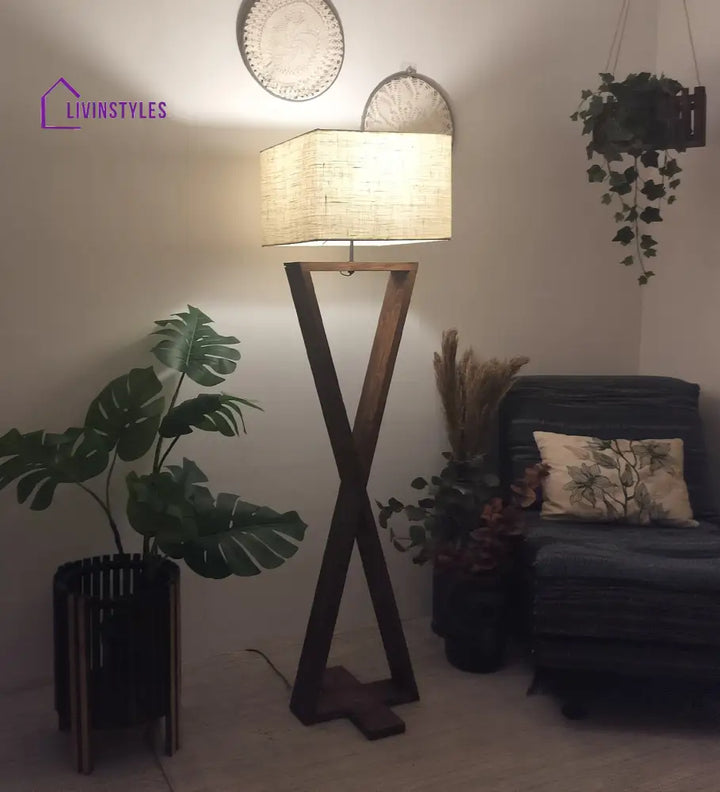 Infinity Wooden Floor Lamp With Brown Base And Beige Fabric Lampshade Lamps