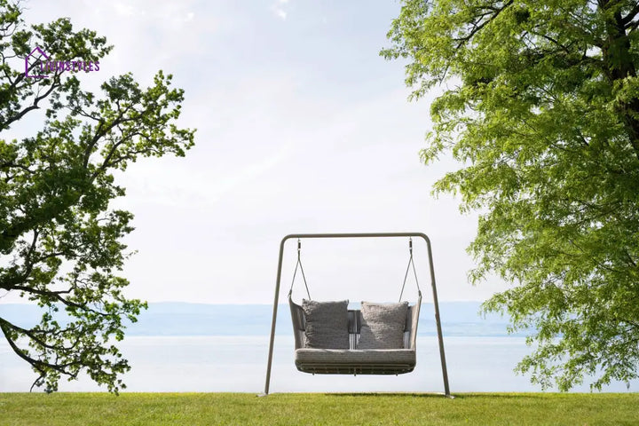 Inga Double Seater Hanging Swing With Stand For Balcony Garden Swing (Grey) Braided & Rope - Swings