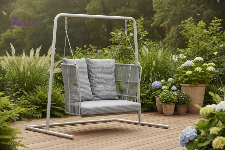 Inga Double Seater Hanging Swing With Stand For Balcony Garden Swing (Grey) Braided & Rope - Swings
