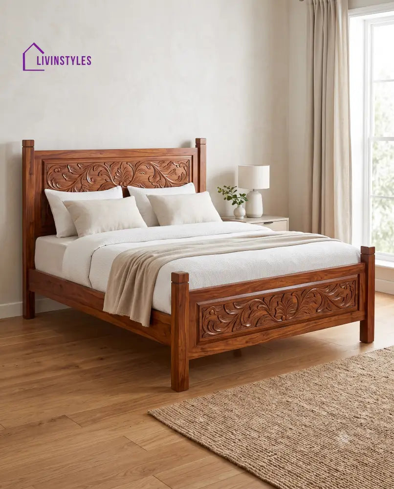 Iniya Wooden Bed | Solid Wood Double Bed | Wooden King size bed & Wooden Queen size bed