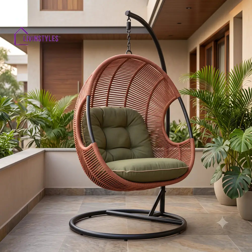 Innocent Metal Frame Swing Chair with Stand | Rope Weaving & Premium Fabric Seating