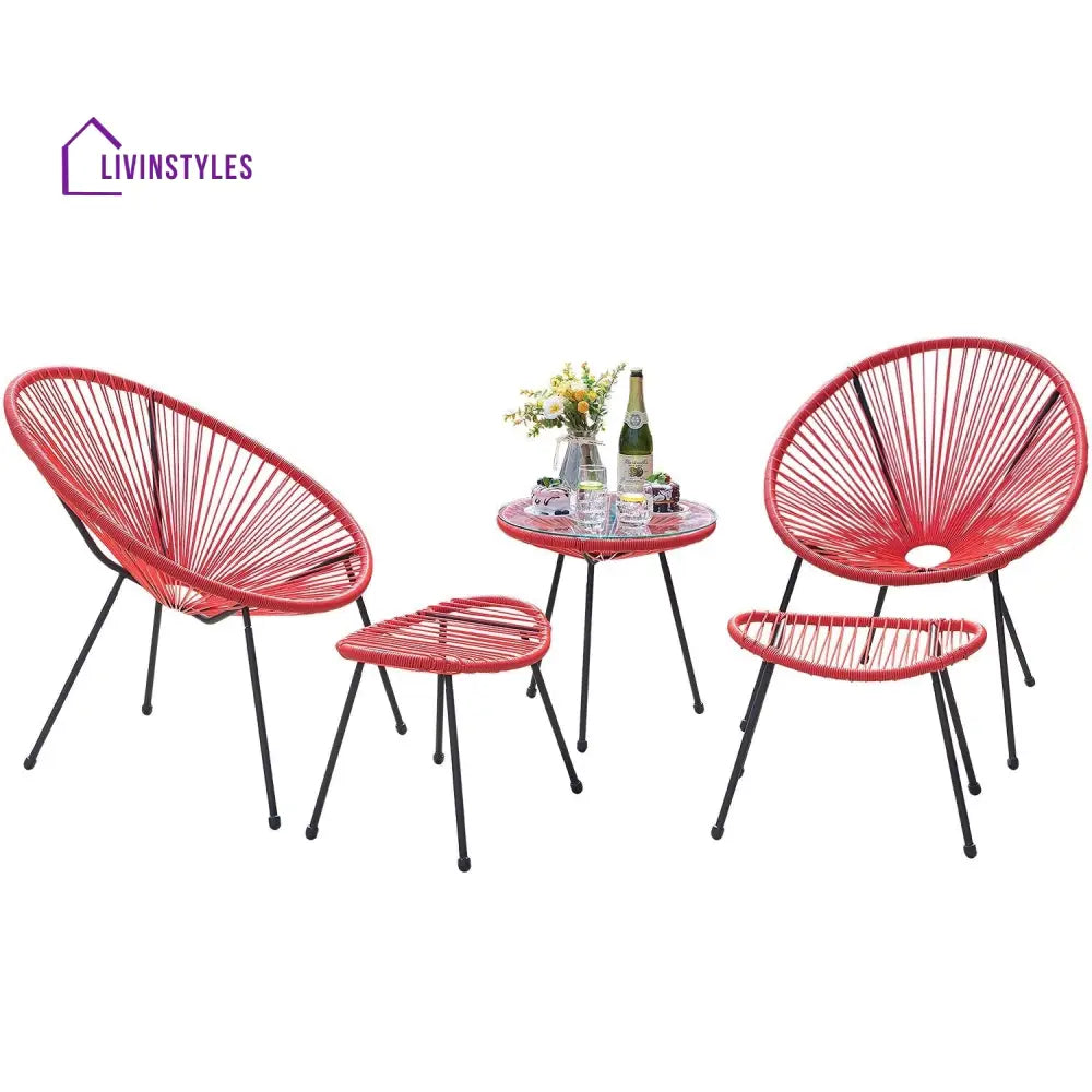 Intra Outdoor Patio Seating Set 2 Chairs 2 Ottoman and Table Set (Red) - Coffee Table Sets