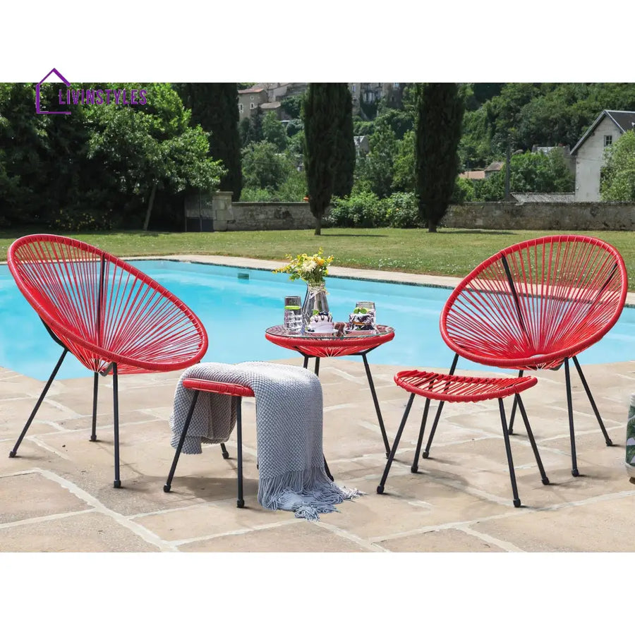 Intra Outdoor Patio Seating Set 2 Chairs 2 Ottoman and Table Set (Red) - Coffee Table Sets