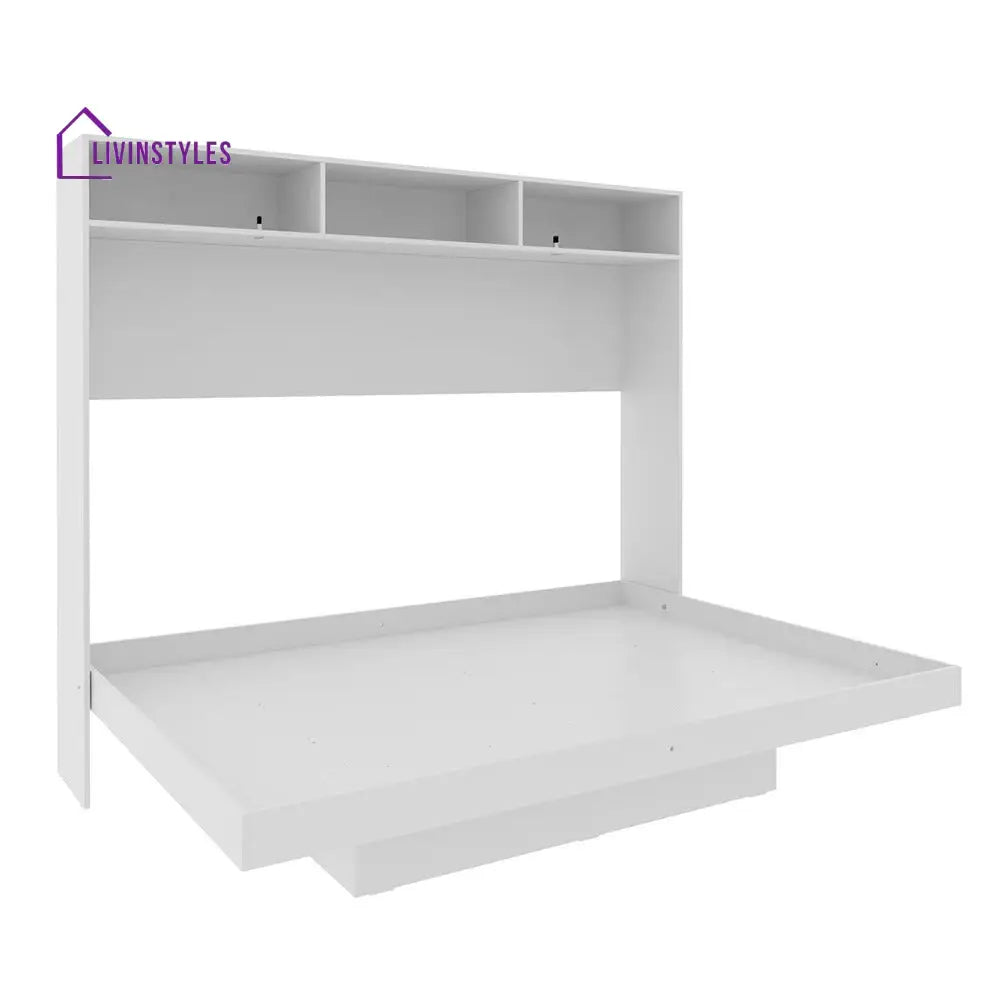 Ira White Finish Wall Mounted Bed with Shelves
