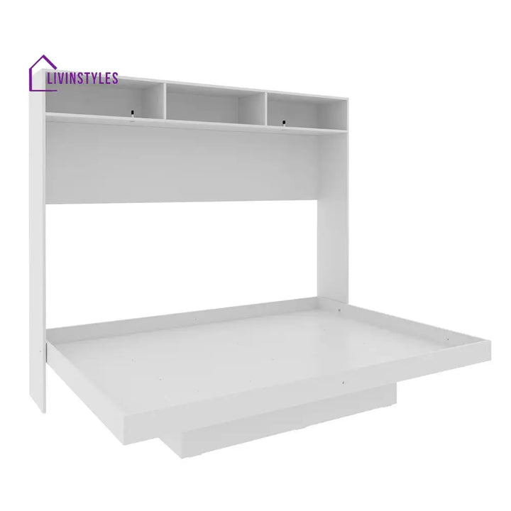 Ira White Finish Wall Mounted Bed with Shelves