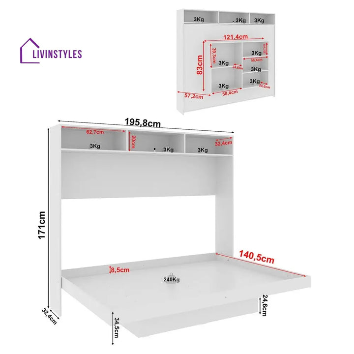 Ira White Finish Wall Mounted Bed with Shelves