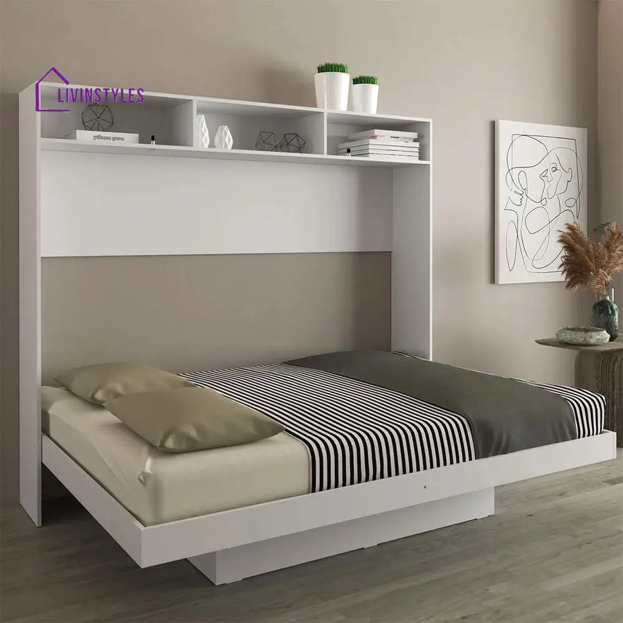Ira White Finish Wall Mounted Bed with Shelves
